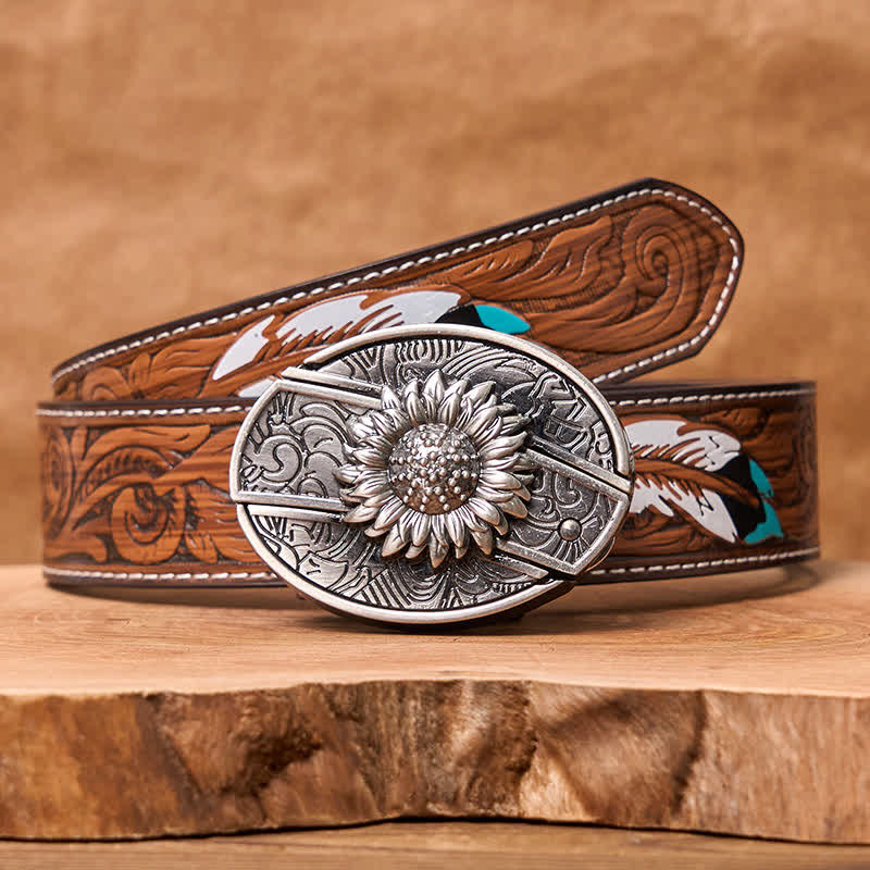Men's DIY Sunflower Hidden Folding Knife Leather Belt - Sunflower - Brown Feather Belt - 40 - image 11