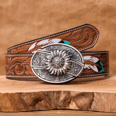 Men's DIY Sunflower Hidden Folding Knife Leather Belt - Sunflower - Brown Feather Belt - 40 - image 11