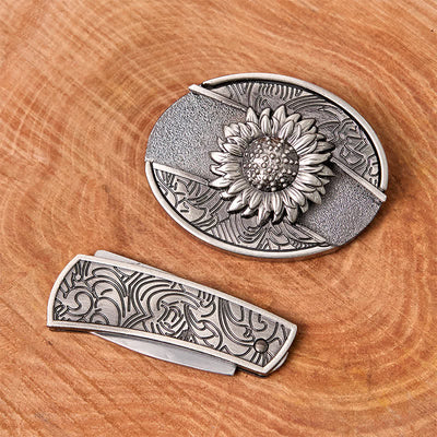 Men's DIY Sunflower Hidden Folding Knife Leather Belt
