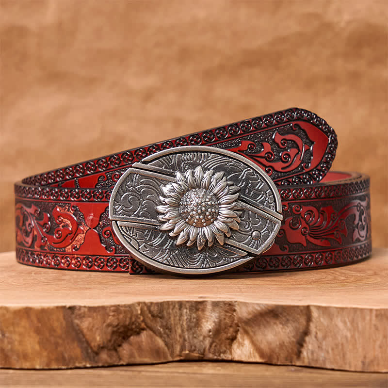 Men's DIY Sunflower Hidden Folding Knife Leather Belt