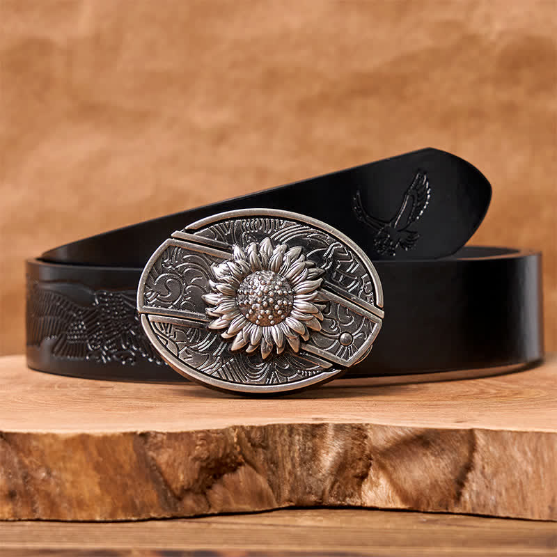 Men's DIY Sunflower Hidden Folding Knife Leather Belt