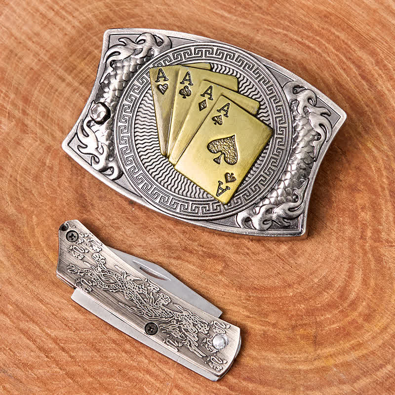 Men's DIY Gold Poker Hidden Folding Knife Leather Belt - image 3