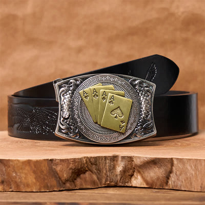 Men's DIY Gold Poker Hidden Folding Knife Leather Belt - Gold Poker - Black Embossed Eagle Belt - 42 - image 8