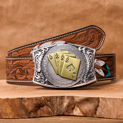 Men's DIY Gold Poker Hidden Folding Knife Leather Belt