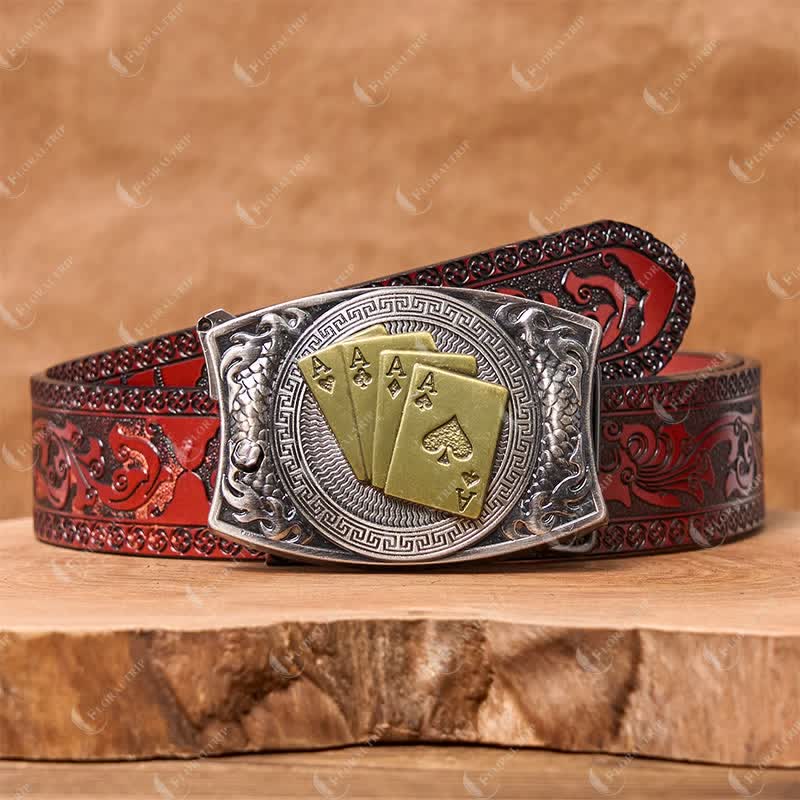 Men's DIY Gold Poker Hidden Folding Knife Leather Belt