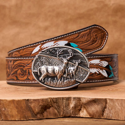 Men's DIY Deer Flag Hidden Folding Knife Leather Belt - Deer - Brown Feather Belt - 40 - image 12