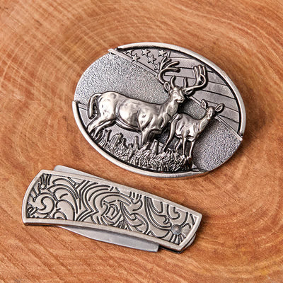 Men's DIY Deer Flag Hidden Folding Knife Leather Belt - image 2