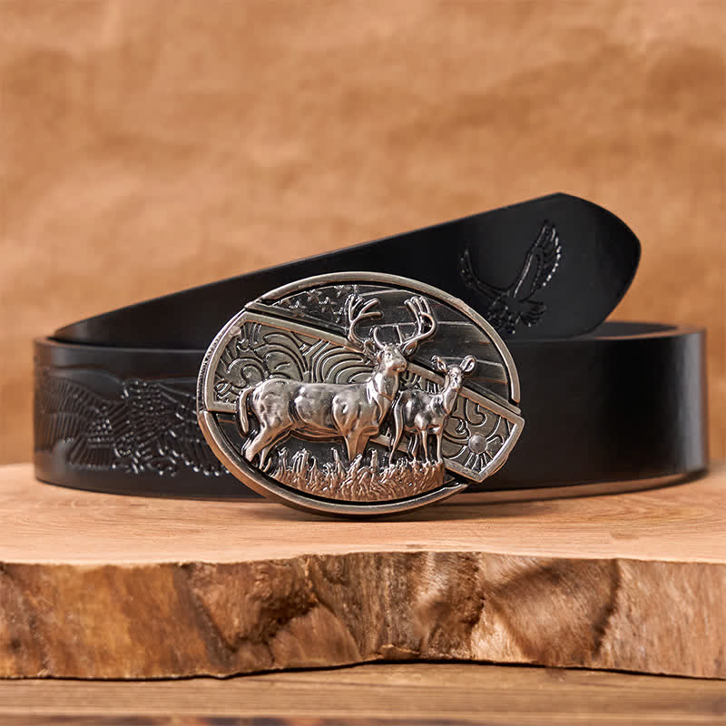 Men's DIY Deer Flag Hidden Folding Knife Leather Belt - Deer - Black Embossed Eagle Belt - 42 - image 9