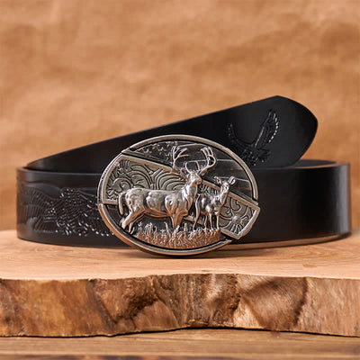 Men's DIY Deer Flag Hidden Folding Knife Leather Belt - Deer - Black Embossed Eagle Belt - 42 - image 9