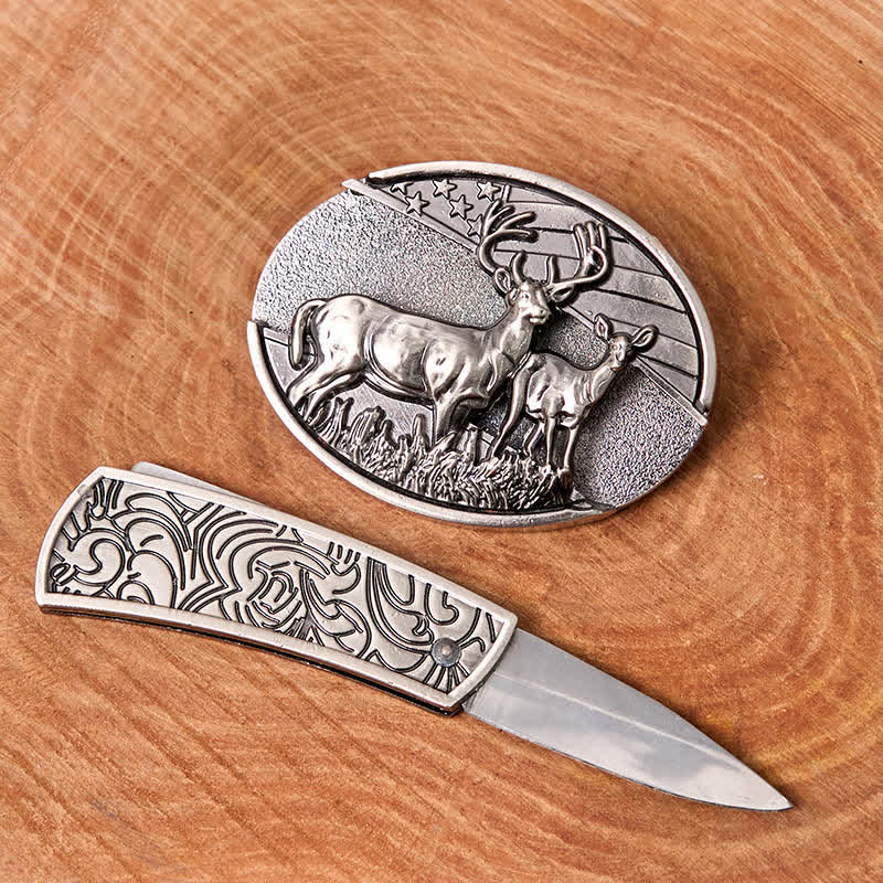 Men's DIY Deer Flag Hidden Folding Knife Leather Belt - image 1