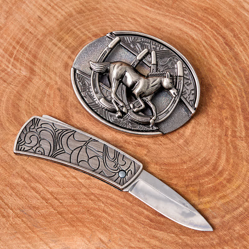 Men's DIY Galloping Horse Hidden Folding Knife Leather Belt - image 1
