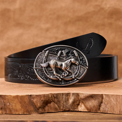 Men's DIY Galloping Horse Hidden Folding Knife Leather Belt - Galloping Horse - Black Embossed Eagle Belt - 42 - image 9