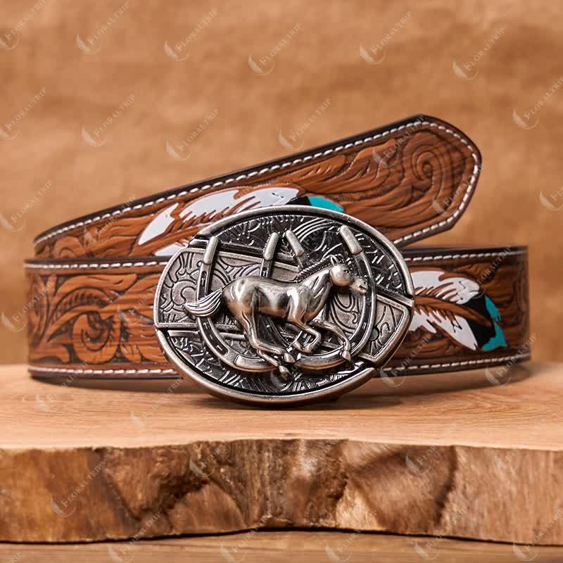 Men's DIY Galloping Horse Hidden Folding Knife Leather Belt