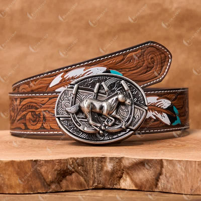 Men's DIY Galloping Horse Hidden Folding Knife Leather Belt