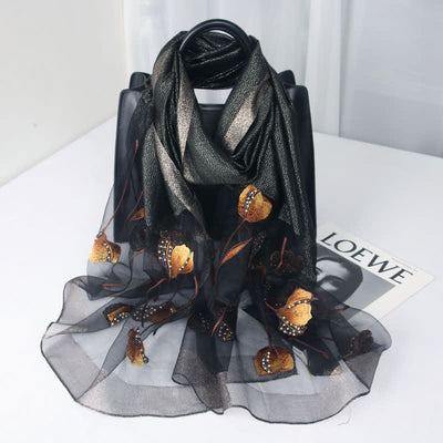 Women's Hand-Embroidered Beads Floral Wool Silk Scarf