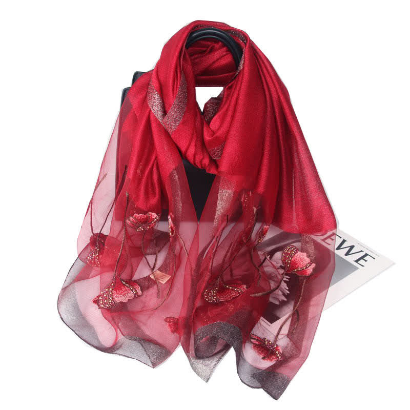Women's Hand-Embroidered Beads Floral Wool Silk Scarf