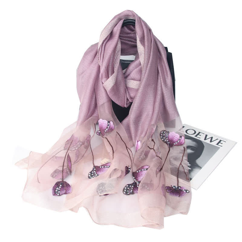 Women's Hand-Embroidered Beads Floral Wool Silk Scarf