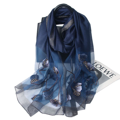 Women's Hand-Embroidered Beads Floral Wool Silk Scarf