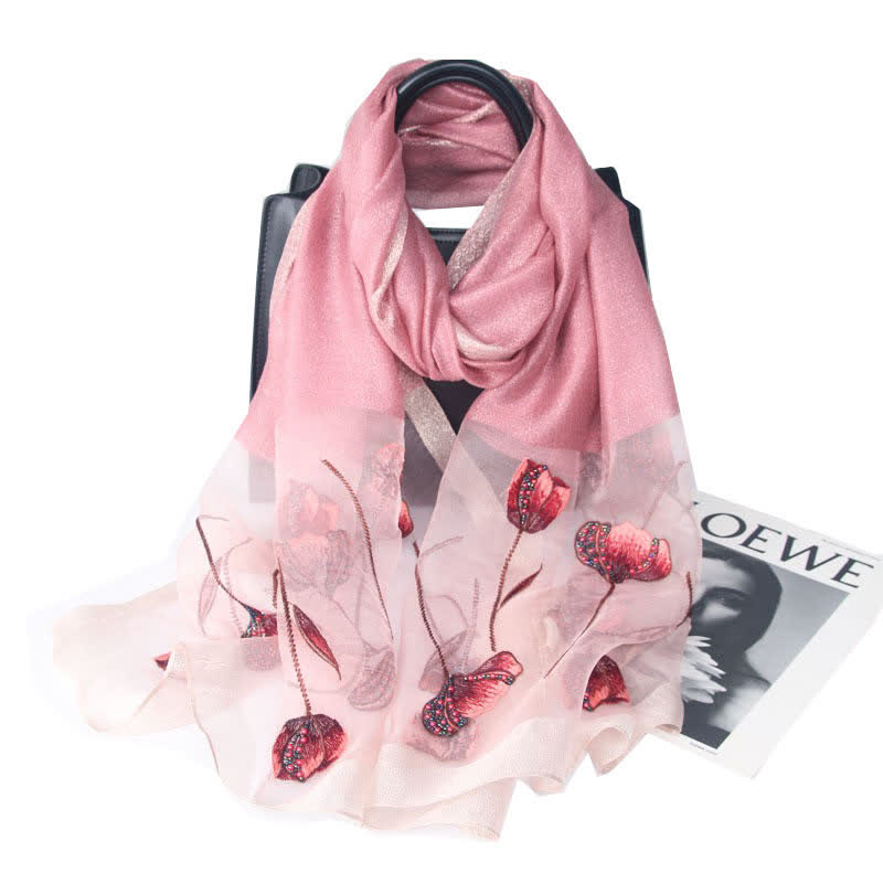 Women's Hand-Embroidered Beads Floral Wool Silk Scarf