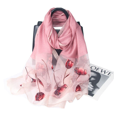 Women's Hand-Embroidered Beads Floral Wool Silk Scarf