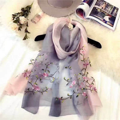 Women's Two Tone Hand-Embroidered Plant Floral Wool Silk Scarf