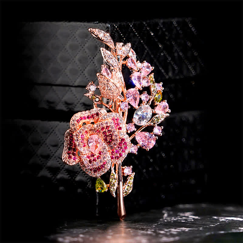 Women's Rose Flower Bouquet Zircon Brooch