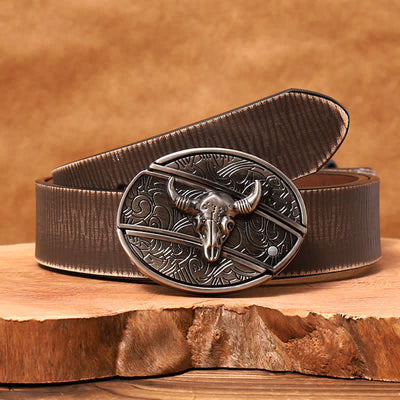 Men's DIY Longhorn Bull Hidden Folding Knife Leather Belt