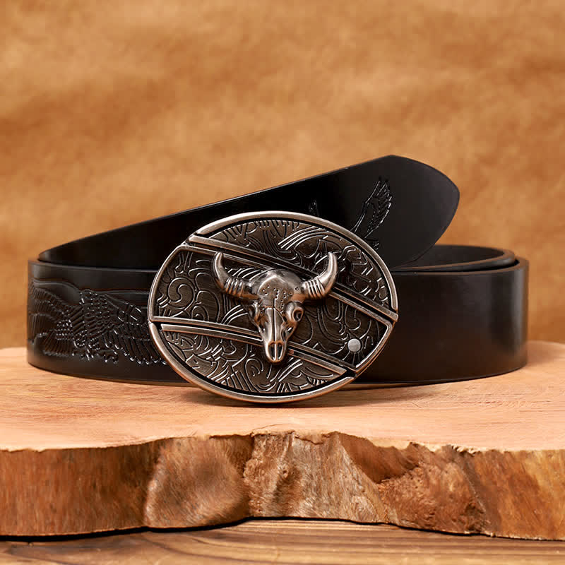 Men's DIY Longhorn Bull Hidden Folding Knife Leather Belt