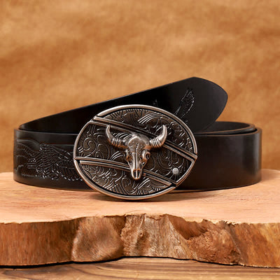 Men's DIY Longhorn Bull Hidden Folding Knife Leather Belt