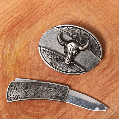 Men's DIY Longhorn Bull Hidden Folding Knife Leather Belt