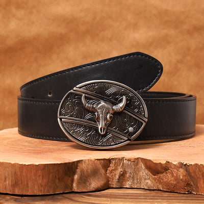 Men's DIY Longhorn Bull Hidden Folding Knife Leather Belt