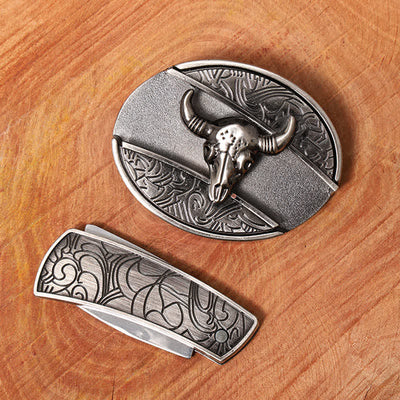 Men's DIY Longhorn Bull Hidden Folding Knife Leather Belt