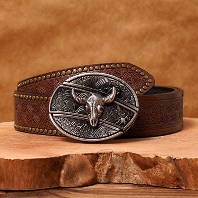 Men's DIY Longhorn Bull Hidden Folding Knife Leather Belt