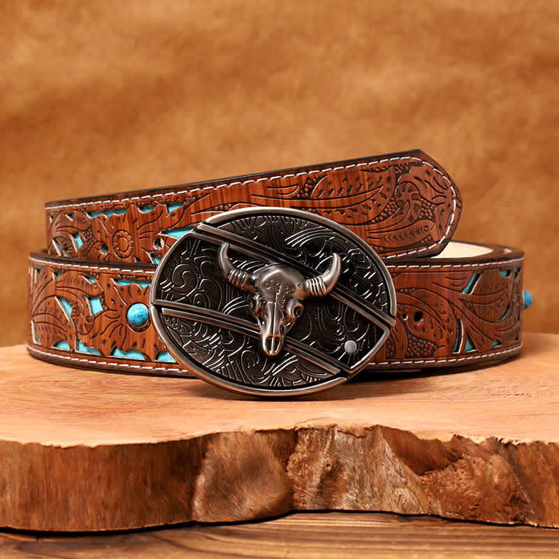 Men's DIY Longhorn Bull Hidden Folding Knife Leather Belt