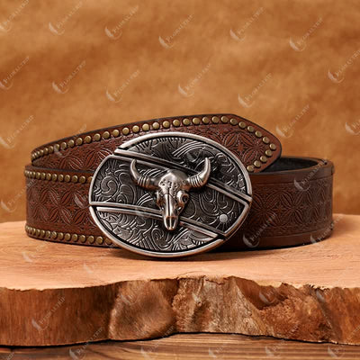 Men's DIY Longhorn Bull Hidden Folding Knife Leather Belt