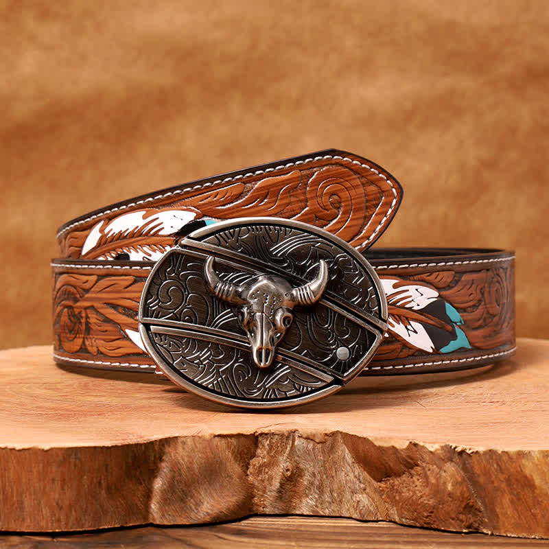 Men's DIY Longhorn Bull Hidden Folding Knife Leather Belt