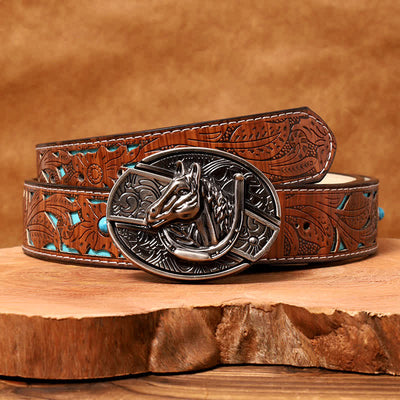 Men's DIY Horse Head Hidden Folding Knife Leather Belt - Horse Head - Turquoise Carved Belt - 42 - image 7