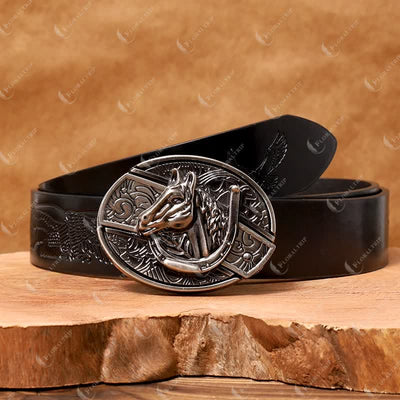 Men's DIY Horse Head Hidden Folding Knife Leather Belt