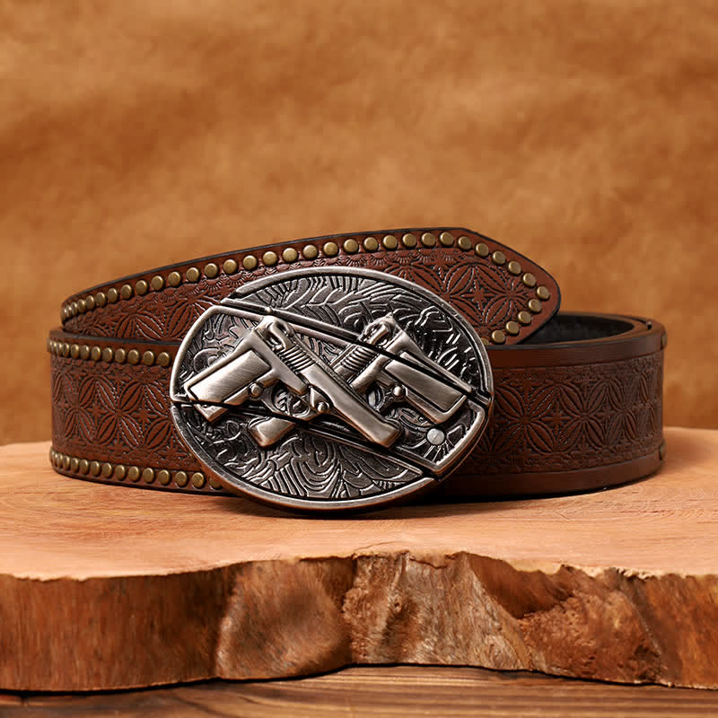Men's DIY Dual Gun Hidden Folding Knife Leather Belt - Dual Gun - Brown Rivet Belt - 42 - image 7