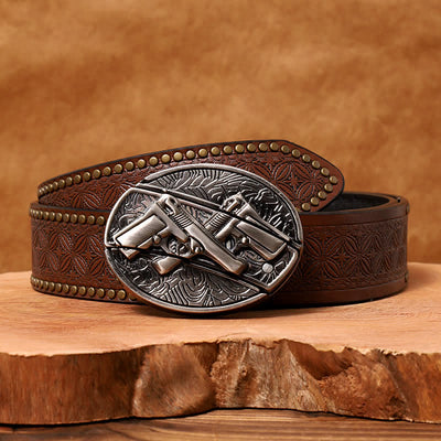 Men's DIY Dual Gun Hidden Folding Knife Leather Belt - Dual Gun - Brown Rivet Belt - 42 - image 7