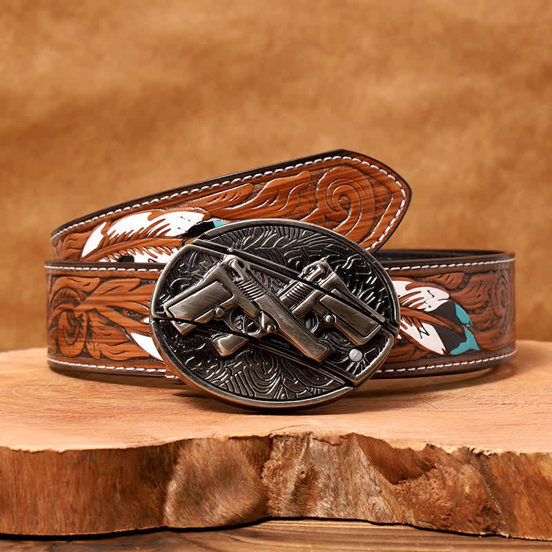 Men's DIY Dual Gun Hidden Folding Knife Leather Belt - Dual Gun - Brown Feather Belt - 40 - image 9