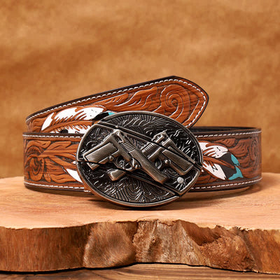 Men's DIY Dual Gun Hidden Folding Knife Leather Belt - Dual Gun - Brown Feather Belt - 40 - image 9