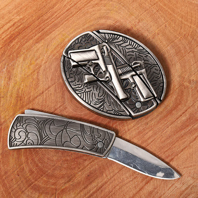 Men's DIY Dual Gun Hidden Folding Knife Leather Belt
