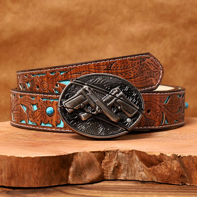 Men's DIY Dual Gun Hidden Folding Knife Leather Belt - Dual Gun - Turquoise Carved Belt - 42 - image 5