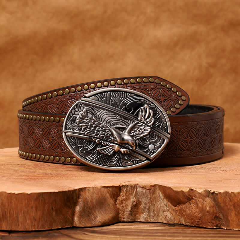 Men's DIY Soaring Eagle Hidden Folding Knife Leather Belt