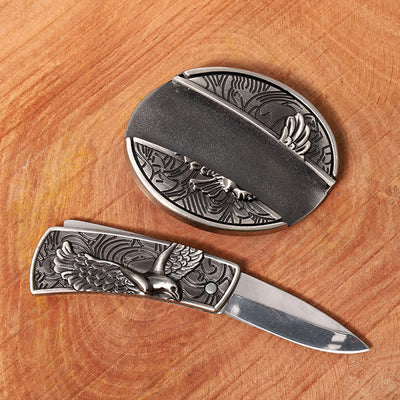 Men's DIY Soaring Eagle Hidden Folding Knife Leather Belt