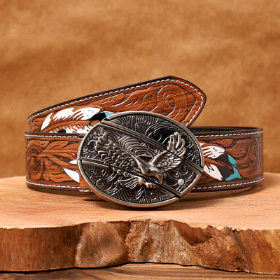 Men's DIY Soaring Eagle Hidden Folding Knife Leather Belt
