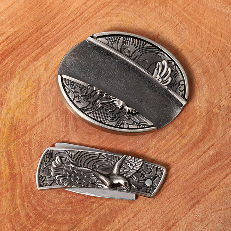 Men's DIY Soaring Eagle Hidden Folding Knife Leather Belt