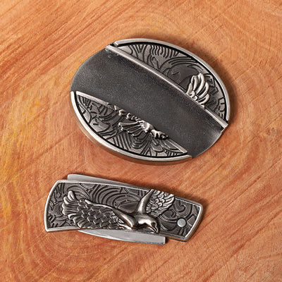 Men's DIY Soaring Eagle Hidden Folding Knife Leather Belt