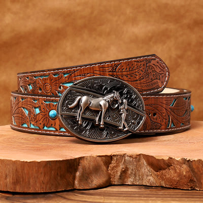 Men's DIY Cowgirl Hidden Folding Knife Leather Belt - Cowgirl - Turquoise Carved Belt - 42 - image 5